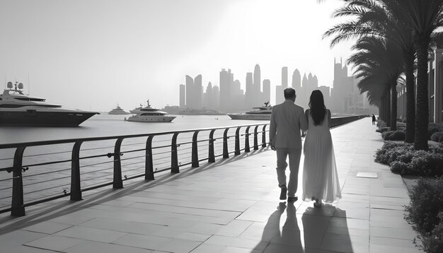 Photo a couple is walking along the water with a city skyline in the background