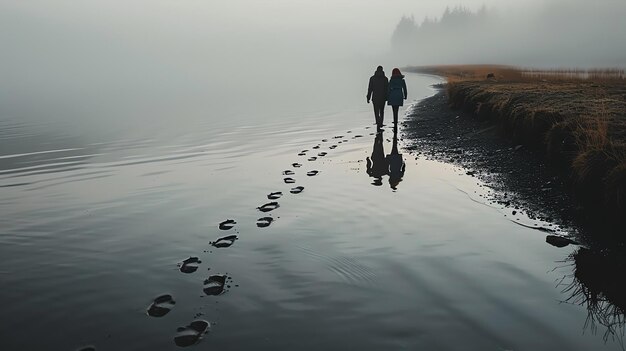 Photo a couple is walking away from the camera on a beach their footprints are left in the wet sand the water is calm and still