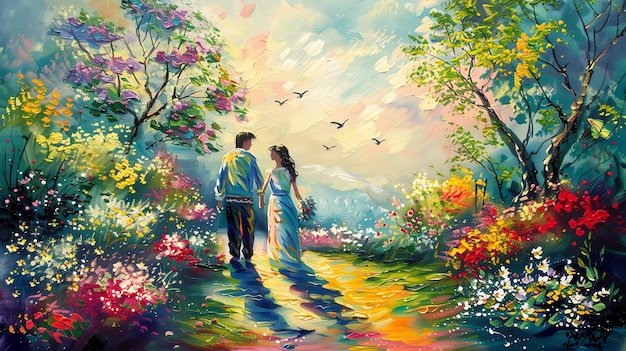 A couple is walking in a beautiful garden The man and woman are holding hands The woman is wearin