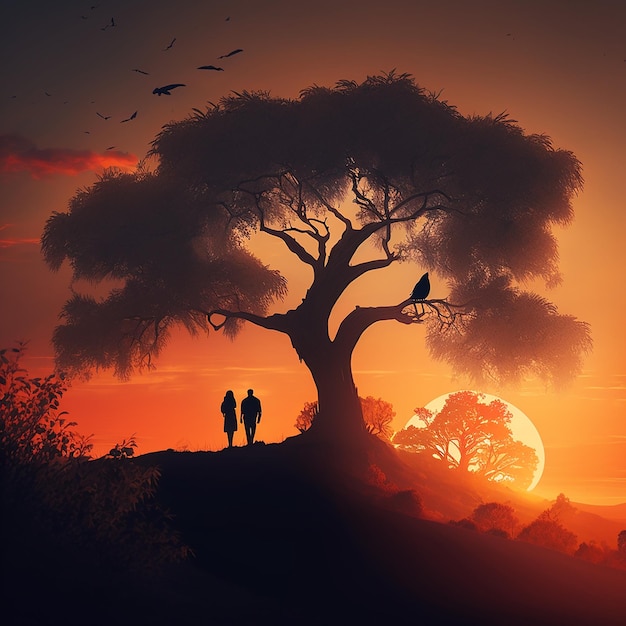 A couple is walking in front of a tree with a sunset in the background.