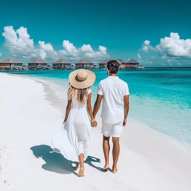 A couple is walking hand in hand on a beach