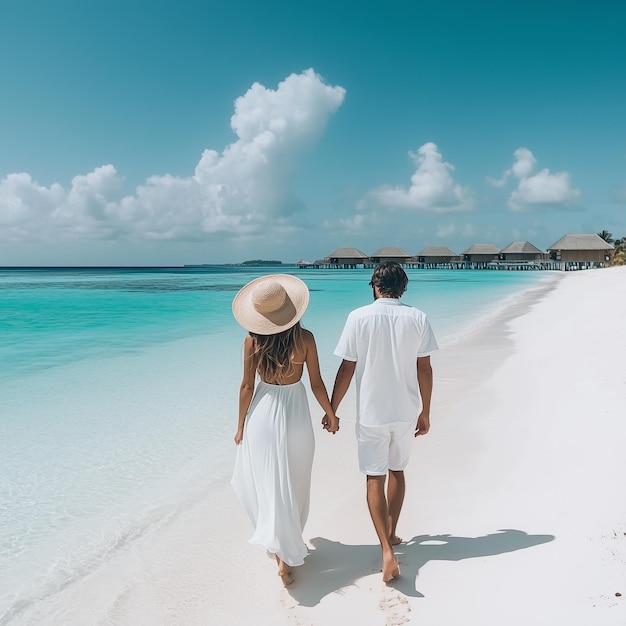 A couple is walking hand in hand on a beach