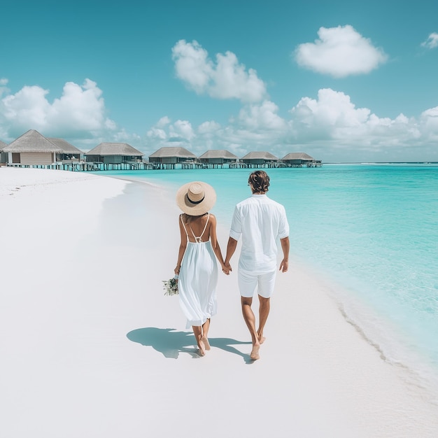 A couple is walking hand in hand on a beach