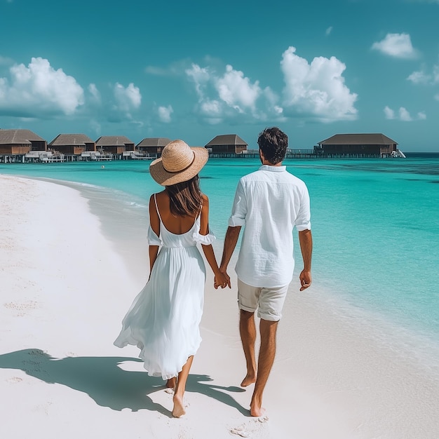 A couple is walking hand in hand on a beach