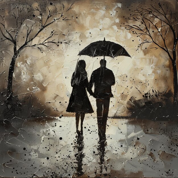 A couple is walking in the rain holding hands and sharing an umbrella