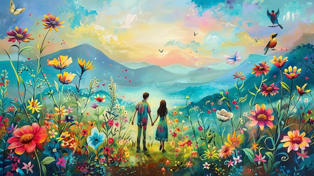 A couple is walking through a field of flowers The man is wearing a blue shirt and the woman is wea