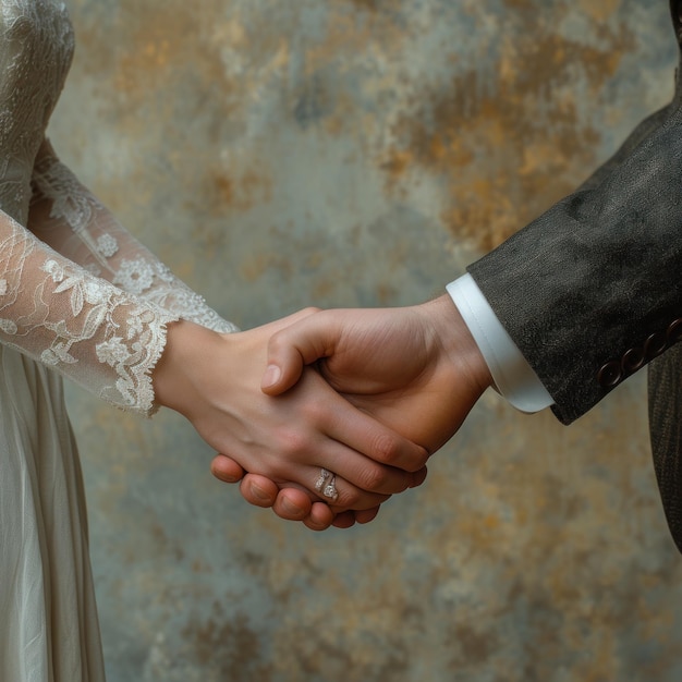 Couple joining hands in front of grey background