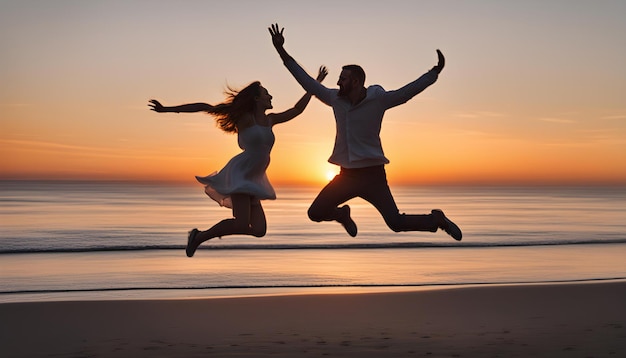 a couple jumping on the beach with the sun behind them