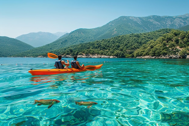 Couple kayaking on a clear turquoise lake surrounded by lush green mountains Outdoor adventure in nature Scenic water and mountain view Perfect summer holiday activity Generative AI