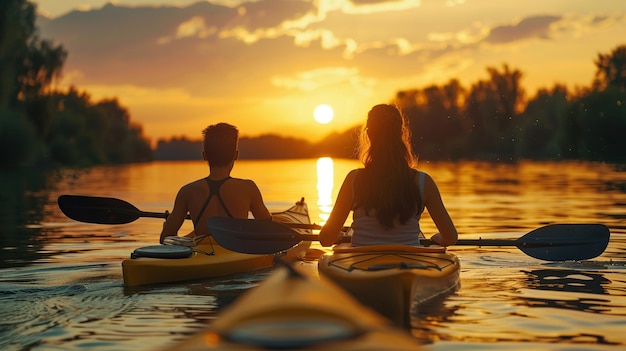 couple kayaking on the lake together at sunset Have fun in your free time