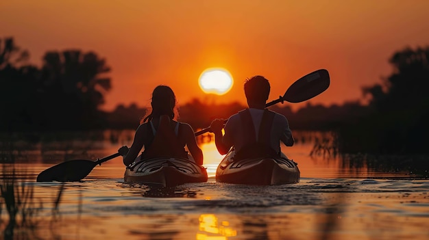 couple kayaking on the lake together at sunset Have fun in your free time