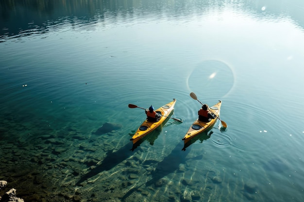 Couple Kayaks Together On Calm Crystalclear Lake