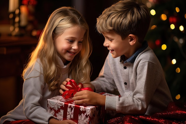 A couple of kids sitting next to each other holding a present