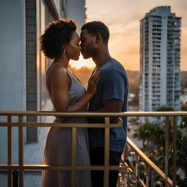 Photo a couple kiss on a balcony at sunset