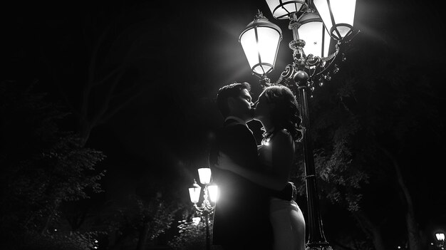 Photo couple kisses under a streetlight at night