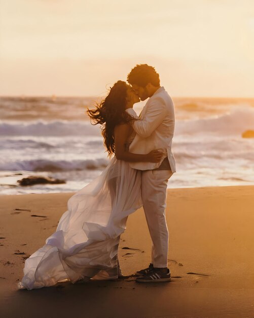 a couple kissing on a beach with the sun setting behind them