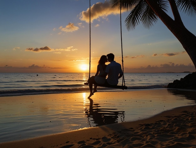 a couple kissing on a beach with the sun setting behind them