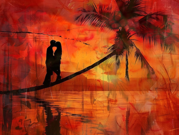 A couple kissing on the branch of a palm tree with a sunset background