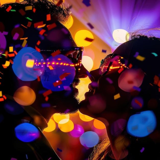 Couple kissing at a colorful party