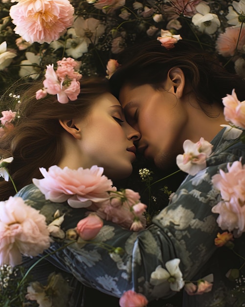 a couple kissing under a flowered tree with the word kiss on it