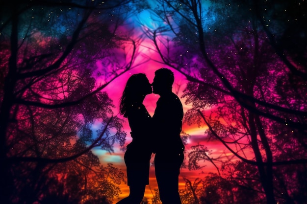 A couple kissing in the forest with a colorful background