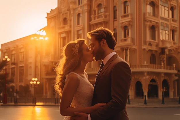 A couple kissing in front of a building with the sun shining on them