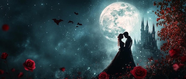 a couple kissing in front of a full moon with bats flying in the background