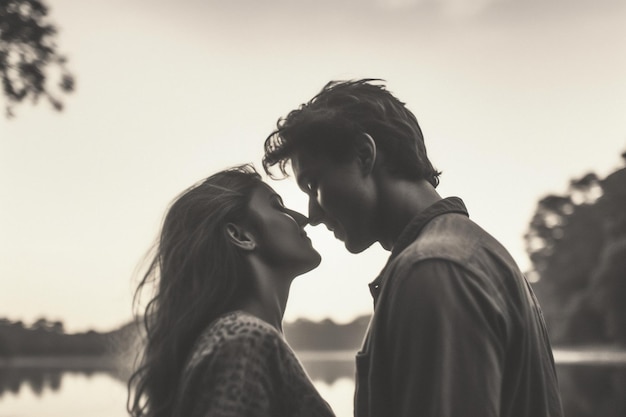 A couple kissing in front of a lake