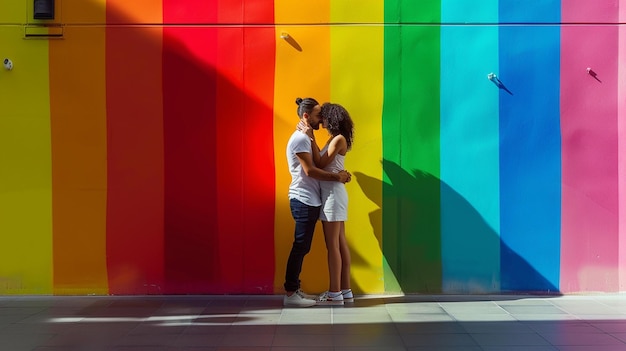 Photo a couple kissing in front of a rainbow colored wall