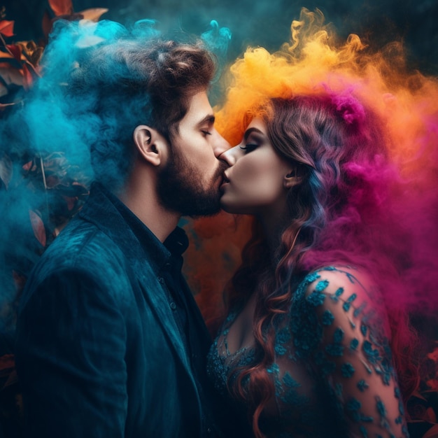 A couple kissing in front of a smoke filled sky