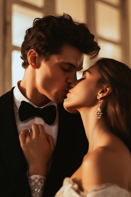 A couple kissing in front of a window with the word love on the front.