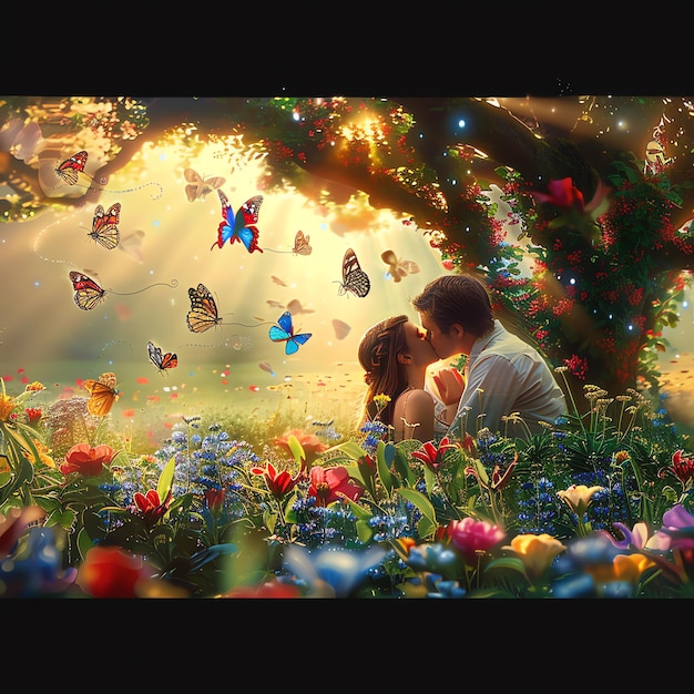 a couple kissing in a garden with butterflies and flowers