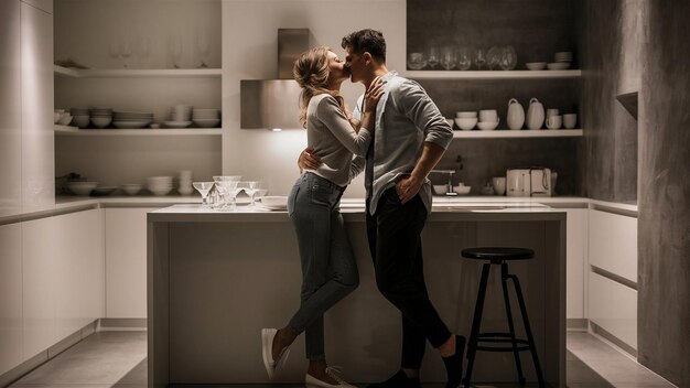 a couple kissing in a kitchen with a shelf behind them