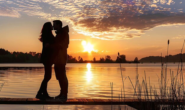 a couple kissing on a lake at sunset