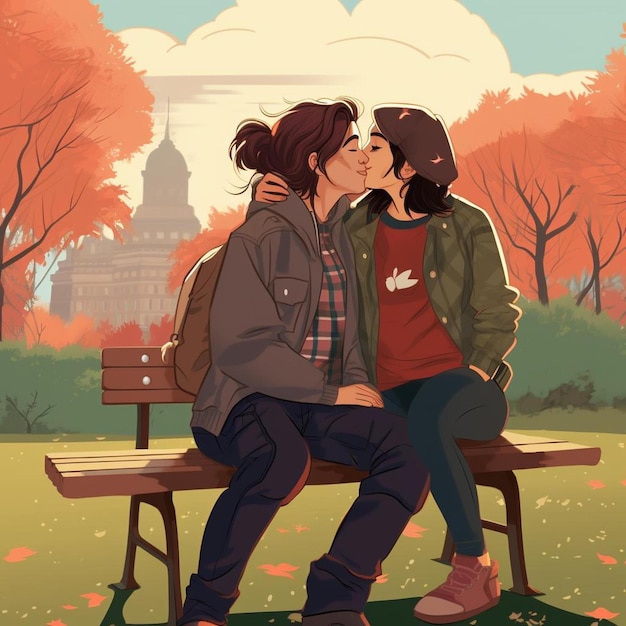 a couple kissing on a park bench with a man kissing