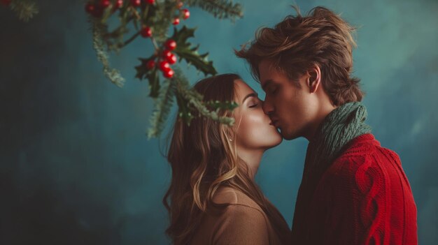 Couple kissing passionately under the mistletoe during Christmas time