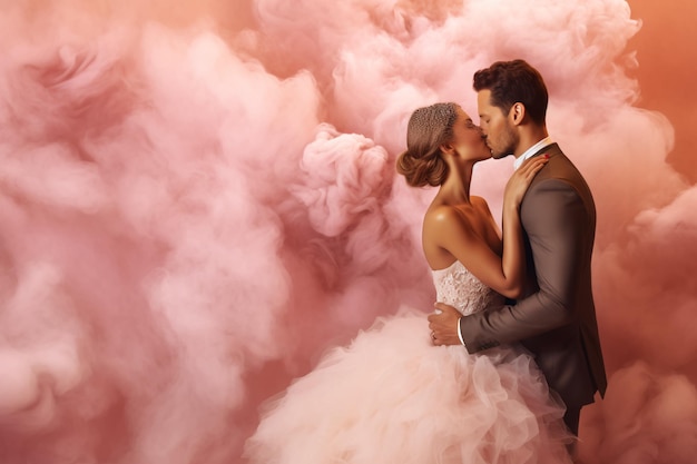 A couple kissing in a pink smokey photo