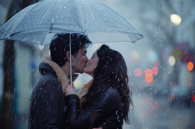 A couple kissing in the rain under an umbrella emotional kiss picture