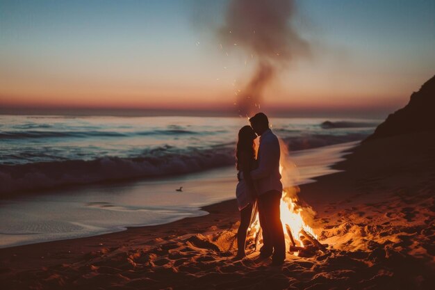 Couple kissing at seaside in romantic evening setting love and affection by the sea