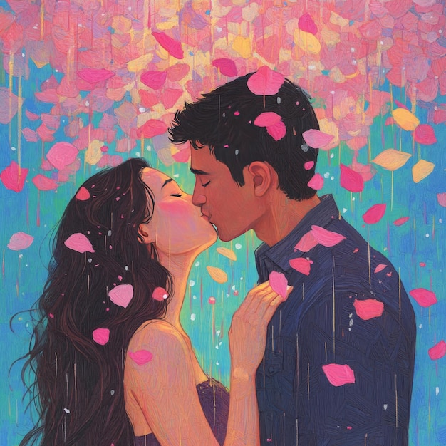 Photo couple kissing under a shower of pink petals painting style