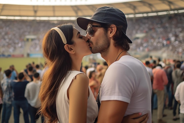 A couple kissing in a stadium with a crowd in the background