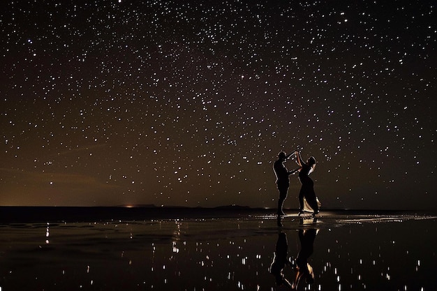 Photo a couple kissing under a starry sky with the words kiss on the beach