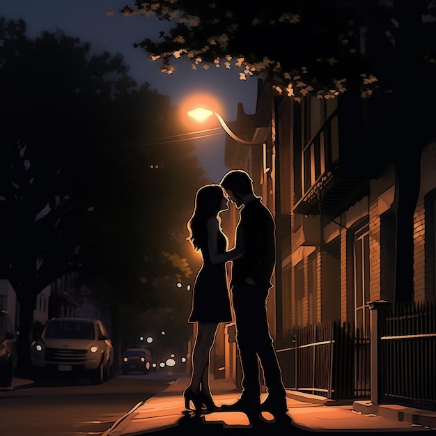 A couple kissing on the street in front of a building with a light on it