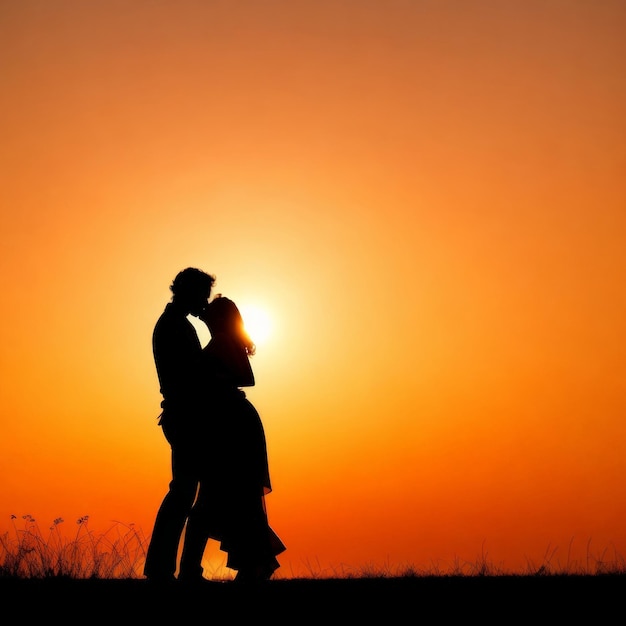 a couple kissing under a sunset sky