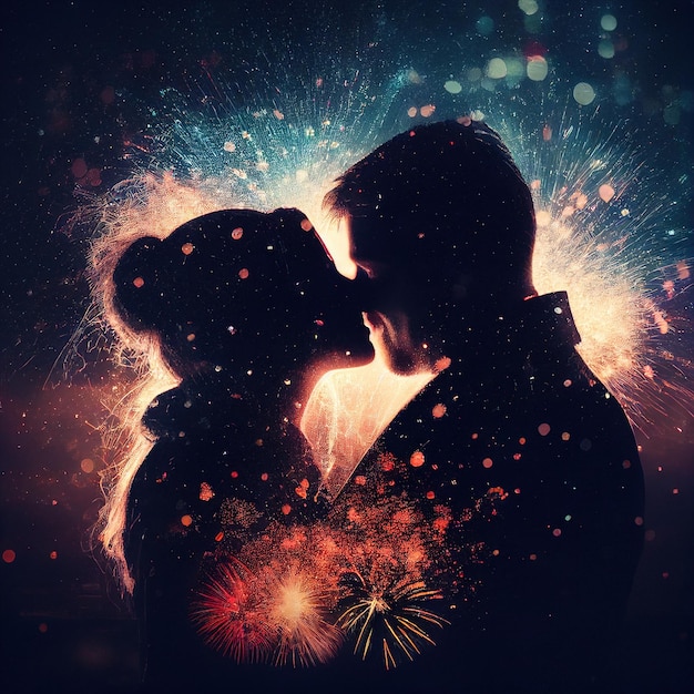 Couple kissing at veentines day eve fireworks