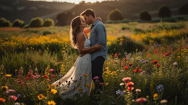 Photo couple kissing in wildflower field romantic moment nature setting affectionate gesture scenic la