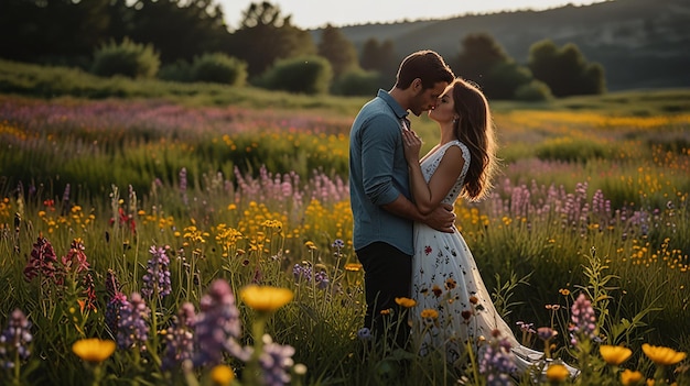 Photo couple kissing in wildflower field romantic moment nature setting affectionate gesture scenic la