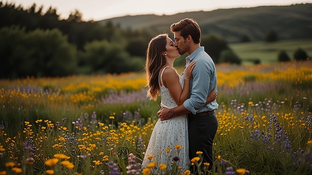 Photo couple kissing in wildflower field romantic moment nature setting affectionate gesture scenic la