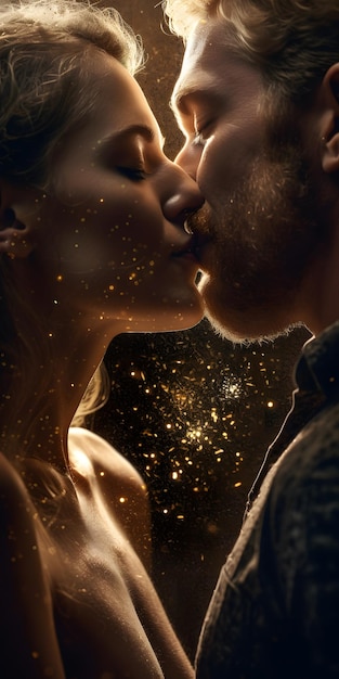 couple kissing with golden fairy dust background Soulmate valentine wallpaper