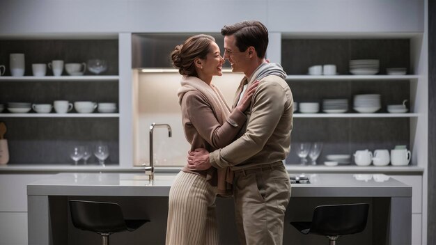 a couple in a kitchen with a man and woman hugging